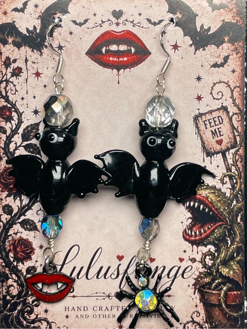 Hand Crafted Austrian Black Glass Lampwork Dangle Bat Earrings